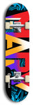 Skateboard deck: Limited edition, North American maple skateboard deck designed by underground artist BellyRash -- available in widths 7.5 to 8.5 inches in both mellow concave and steep concave shapes. Artwork: MARY brand popsicle-shaped skateboard deck with MARY logo broken into multiple colors and shades