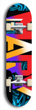 Skateboard deck: Limited edition, North American maple skateboard deck designed by underground artist BellyRash -- available in widths 7.5 to 8.5 inches in both mellow concave and steep concave shapes. Artwork: MARY brand popsicle-shaped skateboard deck with MARY logo broken into multiple colors and shades