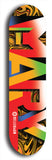 Skateboard deck: Limited edition, North American maple skateboard deck designed by underground artist BellyRash -- available in widths 7.5 to 8.5 inches in both mellow concave and steep concave shapes. Artwork: MARY brand popsicle-shaped skateboard deck with MARY logo broken into multiple colors and shades