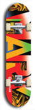 Skateboard deck: Limited edition, North American maple skateboard deck designed by underground artist BellyRash -- available in widths 7.5 to 8.5 inches in both mellow concave and steep concave shapes. Artwork: MARY brand popsicle-shaped skateboard deck with MARY logo broken into multiple colors and shades