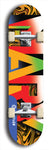 Skateboard deck: Limited edition, North American maple skateboard deck designed by underground artist BellyRash -- available in widths 7.5 to 8.5 inches in both mellow concave and steep concave shapes. Artwork: MARY brand popsicle-shaped skateboard deck with MARY logo broken into multiple colors and shades