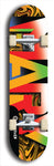 Skateboard deck: Limited edition, North American maple skateboard deck designed by underground artist BellyRash -- available in widths 7.5 to 8.5 inches in both mellow concave and steep concave shapes. Artwork: MARY brand popsicle-shaped skateboard deck with MARY logo broken into multiple colors and shades
