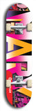 Skateboard deck: Limited edition, North American maple skateboard deck designed by underground artist BellyRash -- available in widths 7.5 to 8.5 inches in both mellow concave and steep concave shapes. Artwork: MARY brand popsicle-shaped skateboard deck with MARY logo broken into multiple colors and shades