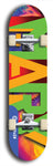 Skateboard deck: Limited edition, North American maple skateboard deck designed by underground artist BellyRash -- available in widths 7.5 to 8.5 inches in both mellow concave and steep concave shapes. Artwork: MARY brand popsicle-shaped skateboard deck with MARY logo broken into multiple colors and shades