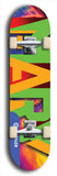 Skateboard deck: Limited edition, North American maple skateboard deck designed by underground artist BellyRash -- available in widths 7.5 to 8.5 inches in both mellow concave and steep concave shapes. Artwork: MARY brand popsicle-shaped skateboard deck with MARY logo broken into multiple colors and shades