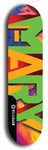 Skateboard deck: Limited edition, North American maple skateboard deck designed by underground artist BellyRash -- available in widths 7.5 to 8.5 inches in both mellow concave and steep concave shapes. Artwork: MARY brand popsicle-shaped skateboard deck with MARY logo broken into multiple colors and shades