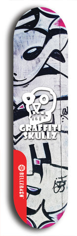 Skateboard deck: Limited edition, North American maple skateboard deck designed by underground artist BellyRash - available widths 7.5 to 8.5 inches in both mellow concave and steep concave shapes. Artwork: GRAFFITI SKULLZ logo brand popsicle-shaped deck with graffiti or street art background