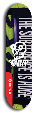 Skateboard deck: Limited edition, North American maple skateboard deck designed by underground artist BellyRash - available widths 7.5 to 8.5 inches in both mellow concave and steep concave shapes. Artwork: GRAFFITI SKULLZ logo brand popsicle-shaped deck with graffiti or street art background