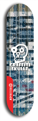 Skateboard deck: Limited edition, North American maple skateboard deck designed by underground artist BellyRash - available widths 7.5 to 8.5 inches in both mellow concave and steep concave shapes. Artwork: GRAFFITI SKULLZ logo brand popsicle-shaped deck with graffiti or street art background