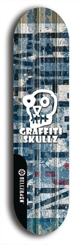 Skateboard deck: Limited edition, North American maple skateboard deck designed by underground artist BellyRash - available widths 7.5 to 8.5 inches in both mellow concave and steep concave shapes. Artwork: GRAFFITI SKULLZ logo brand popsicle-shaped deck with graffiti or street art background