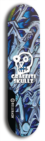 Skateboard deck: Limited edition, North American maple skateboard deck designed by underground artist BellyRash - available widths 7.5 to 8.5 inches in both mellow concave and steep concave shapes. Artwork: GRAFFITI SKULLZ logo brand popsicle-shaped deck with graffiti or street art background