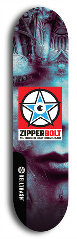 Skateboard deck: Limited edition, North American maple skateboard deck designed by underground artist BellyRash - available widths 7.5 to 8.5 inches in both mellow concave and steep concave shapes. Artwork: ZIPPERBOLT logo brand popsicle-shaped deck