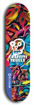 Skateboard deck: Limited edition, North American maple skateboard deck designed by underground artist BellyRash - available widths 7.5 to 8.5 inches in both mellow concave and steep concave shapes. Artwork: GRAFFITI SKULLZ logo brand popsicle-shaped deck with graffiti or street art background