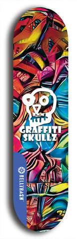 Skateboard deck: Limited edition, North American maple skateboard deck designed by underground artist BellyRash - available widths 7.5 to 8.5 inches in both mellow concave and steep concave shapes. Artwork: GRAFFITI SKULLZ logo brand popsicle-shaped deck with graffiti or street art background