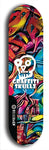 Skateboard deck: Limited edition, North American maple skateboard deck designed by underground artist BellyRash - available widths 7.5 to 8.5 inches in both mellow concave and steep concave shapes. Artwork: GRAFFITI SKULLZ logo brand popsicle-shaped deck with graffiti or street art background