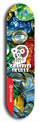 Skateboard deck: Limited edition, North American maple skateboard deck designed by underground artist BellyRash - available widths 7.5 to 8.5 inches in both mellow concave and steep concave shapes. Artwork: GRAFFITI SKULLZ logo brand popsicle-shaped deck with graffiti or street art background