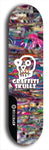 Skateboard deck: Limited edition, North American maple skateboard deck designed by underground artist BellyRash - available widths 7.5 to 8.5 inches in both mellow concave and steep concave shapes. Artwork: GRAFFITI SKULLZ logo brand popsicle-shaped deck with graffiti or street art background