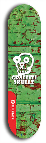 Skateboard deck: Limited edition, North American maple skateboard deck designed by underground artist BellyRash - available widths 7.5 to 8.5 inches in both mellow concave and steep concave shapes. Artwork: GRAFFITI SKULLZ logo brand popsicle-shaped deck with graffiti or street art background