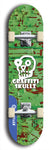 Skateboard deck: Limited edition, North American maple skateboard deck designed by underground artist BellyRash - available widths 7.5 to 8.5 inches in both mellow concave and steep concave shapes. Artwork: GRAFFITI SKULLZ logo brand popsicle-shaped deck with graffiti or street art background