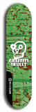 Skateboard deck: Limited edition, North American maple skateboard deck designed by underground artist BellyRash - available widths 7.5 to 8.5 inches in both mellow concave and steep concave shapes. Artwork: GRAFFITI SKULLZ logo brand popsicle-shaped deck with graffiti or street art background