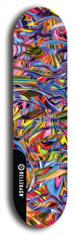 Skateboard deck: Limited edition, North American maple skateboard deck designed by underground artist BellyRash - available widths 7.5 to 8.5 inches in both mellow concave and steep concave shapes. Artwork: ABEX LIQUID brand popsicle-shaped with a multi-colored swirling patterned background