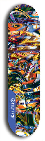 Skateboard deck: Limited edition, North American maple skateboard deck designed by underground artist BellyRash - available widths 7.5 to 8.5 inches in both mellow concave and steep concave shapes. Artwork: ABEX LIQUID brand popsicle-shaped with a multi-colored swirling patterned background