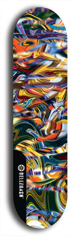 Skateboard deck: Limited edition, North American maple skateboard deck designed by underground artist BellyRash - available widths 7.5 to 8.5 inches in both mellow concave and steep concave shapes. Artwork: ABEX LIQUID brand popsicle-shaped with a multi-colored swirling patterned background