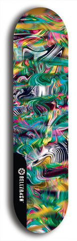 Skateboard deck: Limited edition, North American maple skateboard deck designed by underground artist BellyRash - available widths 7.5 to 8.5 inches in both mellow concave and steep concave shapes. Artwork: ABEX LIQUID brand popsicle-shaped with a multi-colored swirling patterned background