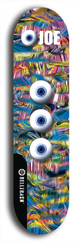 Skateboard deck: Limited edition, North American maple skateboard deck designed by underground artist BellyRash - available widths 7.5 to 8.5 inches in both mellow concave and steep concave shapes. Artwork: EYEBALL JOE logo brand popsicle-shaped deck 