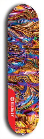 Skateboard deck: Limited edition, North American maple skateboard deck designed by underground artist BellyRash - available widths 7.5 to 8.5 inches in both mellow concave and steep concave shapes. Artwork: ABEX LIQUID brand popsicle-shaped with a multi-colored swirling patterned background