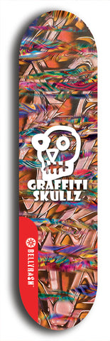 Skateboard deck: Limited edition, North American maple skateboard deck designed by underground artist BellyRash - available widths 7.5 to 8.5 inches in both mellow concave and steep concave shapes. Artwork: GRAFFITI SKULLZ logo brand popsicle-shaped deck with graffiti or street art background