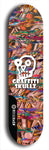 Skateboard deck: Limited edition, North American maple skateboard deck designed by underground artist BellyRash - available widths 7.5 to 8.5 inches in both mellow concave and steep concave shapes. Artwork: GRAFFITI SKULLZ logo brand popsicle-shaped deck with graffiti or street art background