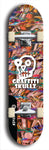 Skateboard deck: Limited edition, North American maple skateboard deck designed by underground artist BellyRash - available widths 7.5 to 8.5 inches in both mellow concave and steep concave shapes. Artwork: GRAFFITI SKULLZ logo brand popsicle-shaped deck with graffiti or street art background