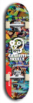 Skateboard deck: Limited edition, North American maple skateboard deck designed by underground artist BellyRash - available widths 7.5 to 8.5 inches in both mellow concave and steep concave shapes. Artwork: GRAFFITI SKULLZ logo brand popsicle-shaped deck with graffiti or street art background