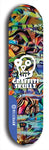 Skateboard deck: Limited edition, North American maple skateboard deck designed by underground artist BellyRash - available widths 7.5 to 8.5 inches in both mellow concave and steep concave shapes. Artwork: GRAFFITI SKULLZ logo brand popsicle-shaped deck with graffiti or street art background