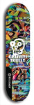 Skateboard deck: Limited edition, North American maple skateboard deck designed by underground artist BellyRash - available widths 7.5 to 8.5 inches in both mellow concave and steep concave shapes. Artwork: GRAFFITI SKULLZ logo brand popsicle-shaped deck with graffiti or street art background