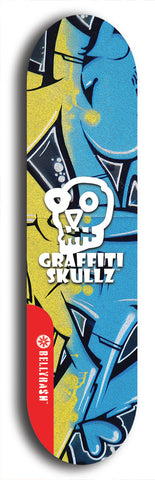 Skateboard deck: Limited edition, North American maple skateboard deck designed by underground artist BellyRash - available widths 7.5 to 8.5 inches in both mellow concave and steep concave shapes. Artwork: GRAFFITI SKULLZ logo brand popsicle-shaped deck with graffiti or street art background