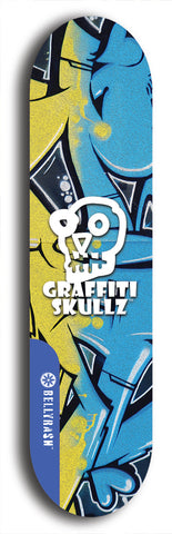 Skateboard deck: Limited edition, North American maple skateboard deck designed by underground artist BellyRash - available widths 7.5 to 8.5 inches in both mellow concave and steep concave shapes. Artwork: GRAFFITI SKULLZ logo brand popsicle-shaped deck with graffiti or street art background