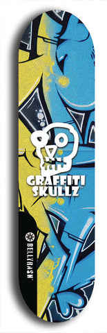 Skateboard deck: Limited edition, North American maple skateboard deck designed by underground artist BellyRash - available widths 7.5 to 8.5 inches in both mellow concave and steep concave shapes. Artwork: GRAFFITI SKULLZ logo brand popsicle-shaped deck with graffiti or street art background