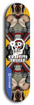 Skateboard deck: Limited edition, North American maple skateboard deck designed by underground artist BellyRash - available widths 7.5 to 8.5 inches in both mellow concave and steep concave shapes. Artwork: GRAFFITI SKULLZ logo brand popsicle-shaped deck with graffiti or street art background