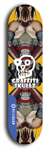 Skateboard deck: Limited edition, North American maple skateboard deck designed by underground artist BellyRash - available widths 7.5 to 8.5 inches in both mellow concave and steep concave shapes. Artwork: GRAFFITI SKULLZ logo brand popsicle-shaped deck with graffiti or street art background