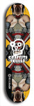 Skateboard deck: Limited edition, North American maple skateboard deck designed by underground artist BellyRash - available widths 7.5 to 8.5 inches in both mellow concave and steep concave shapes. Artwork: GRAFFITI SKULLZ logo brand popsicle-shaped deck with graffiti or street art background