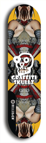 Skateboard deck: Limited edition, North American maple skateboard deck designed by underground artist BellyRash - available widths 7.5 to 8.5 inches in both mellow concave and steep concave shapes. Artwork: GRAFFITI SKULLZ logo brand popsicle-shaped deck with graffiti or street art background