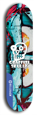 Skateboard deck: Limited edition, North American maple skateboard deck designed by underground artist BellyRash - available widths 7.5 to 8.5 inches in both mellow concave and steep concave shapes. Artwork: GRAFFITI SKULLZ logo brand popsicle-shaped deck with graffiti or street art background