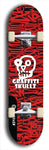 Skateboard deck: Limited edition, North American maple skateboard deck designed by underground artist BellyRash - available widths 7.5 to 8.5 inches in both mellow concave and steep concave shapes. Artwork: GRAFFITI SKULLZ logo brand popsicle-shaped deck with graffiti or street art background