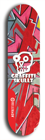 Skateboard deck: Limited edition, North American maple skateboard deck designed by underground artist BellyRash - available widths 7.5 to 8.5 inches in both mellow concave and steep concave shapes. Artwork: GRAFFITI SKULLZ logo brand popsicle-shaped deck with graffiti or street art background