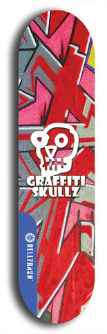 Skateboard deck: Limited edition, North American maple skateboard deck designed by underground artist BellyRash - available widths 7.5 to 8.5 inches in both mellow concave and steep concave shapes. Artwork: GRAFFITI SKULLZ logo brand popsicle-shaped deck with graffiti or street art background