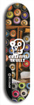 Skateboard deck: Limited edition, North American maple skateboard deck designed by underground artist BellyRash - available widths 7.5 to 8.5 inches in both mellow concave and steep concave shapes. Artwork: GRAFFITI SKULLZ logo brand popsicle-shaped deck with graffiti or street art background