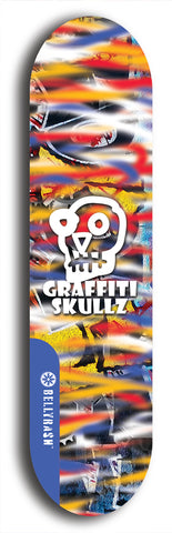 Skateboard deck: Limited edition, North American maple skateboard deck designed by underground artist BellyRash - available widths 7.5 to 8.5 inches in both mellow concave and steep concave shapes. Artwork: GRAFFITI SKULLZ logo brand popsicle-shaped deck with graffiti or street art background