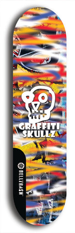 Skateboard deck: Limited edition, North American maple skateboard deck designed by underground artist BellyRash - available widths 7.5 to 8.5 inches in both mellow concave and steep concave shapes. Artwork: GRAFFITI SKULLZ logo brand popsicle-shaped deck with graffiti or street art background